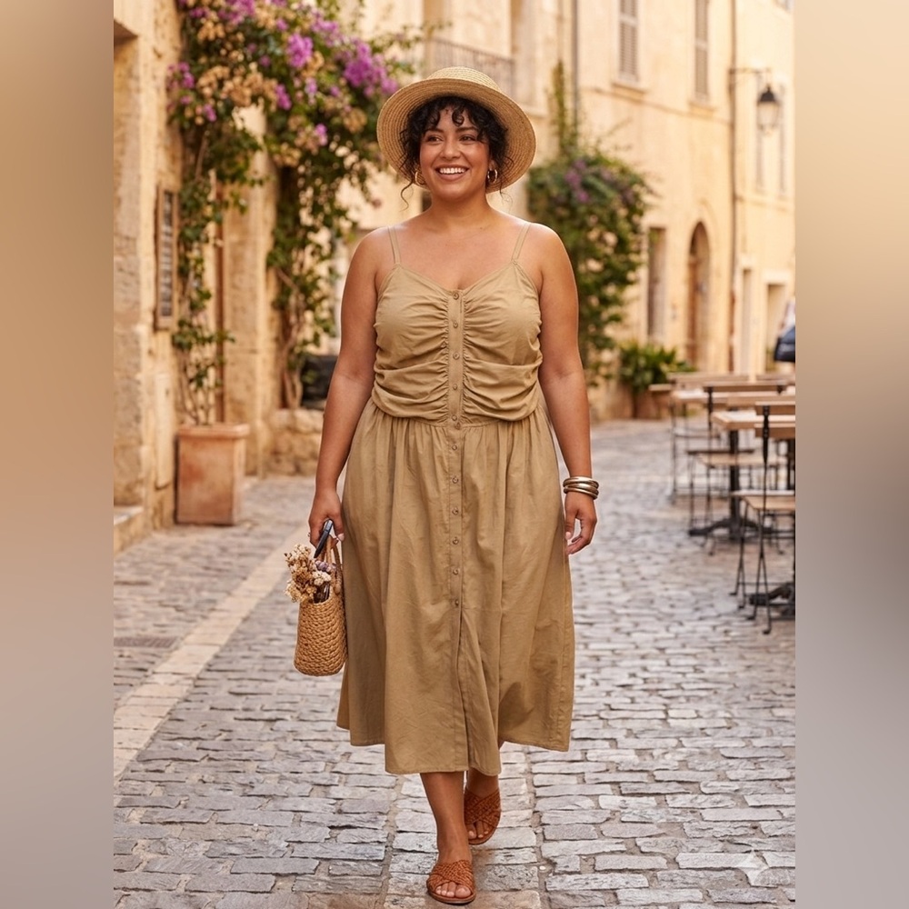 Women’s Ruched Button-Front Strapped Dress in Tan